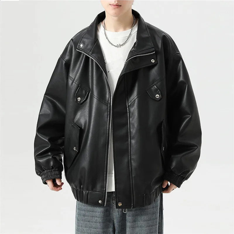 Motorcycle Leather Jacket Men Loose Solid Pu Bomber Outwear Coats Male Casual Streetwear Trun Down Collar Leather Jackets Men 250920