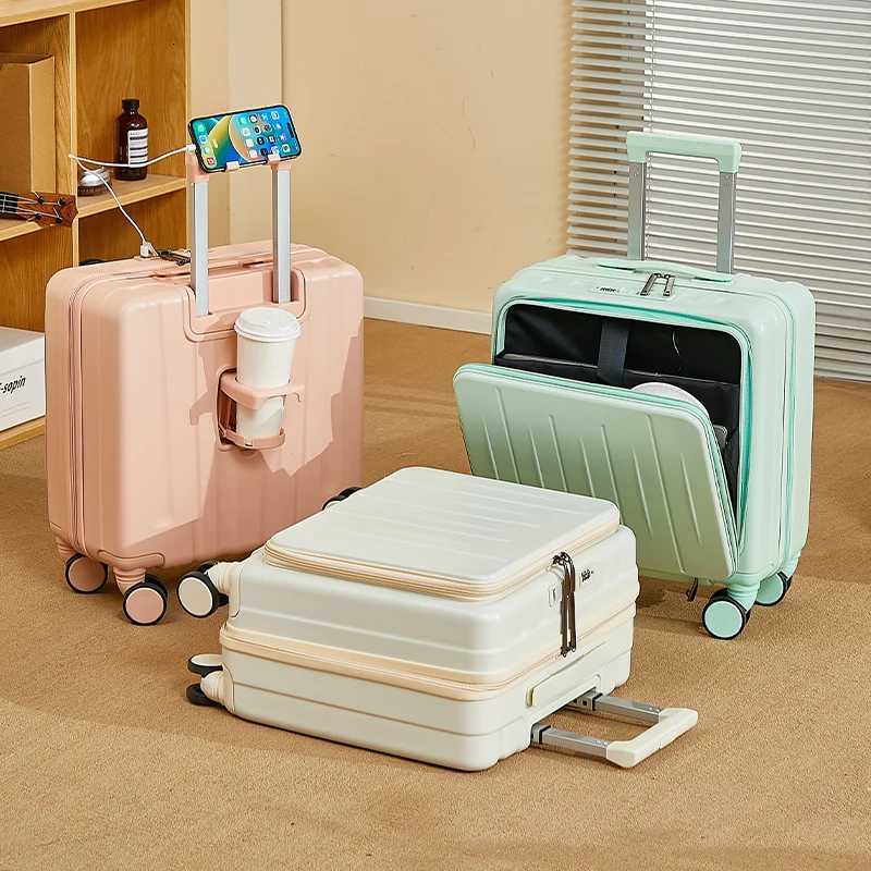18Inch Fliptop CarryOn Suitcase SmallSized Luggage With Cup Holder And Phone Stand With Swivel Wheels Lightweight For Both W250920-image-1076021639
