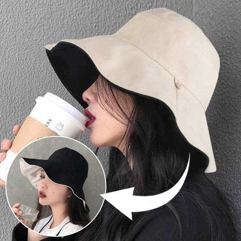 Summer Women Double-sided Bucket Hats Fashion Big Brim Foldable Solid Sun Hat Outdoor Beach Visor Caps Fisherman Cap for Travel ddmythur