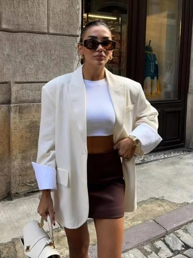 Elegant Blazer Coat For Women Fashion Pockets Lapel Oversized Suit Jackets 2025 Autumn Office Lady Casual Loose Outerwear 250920