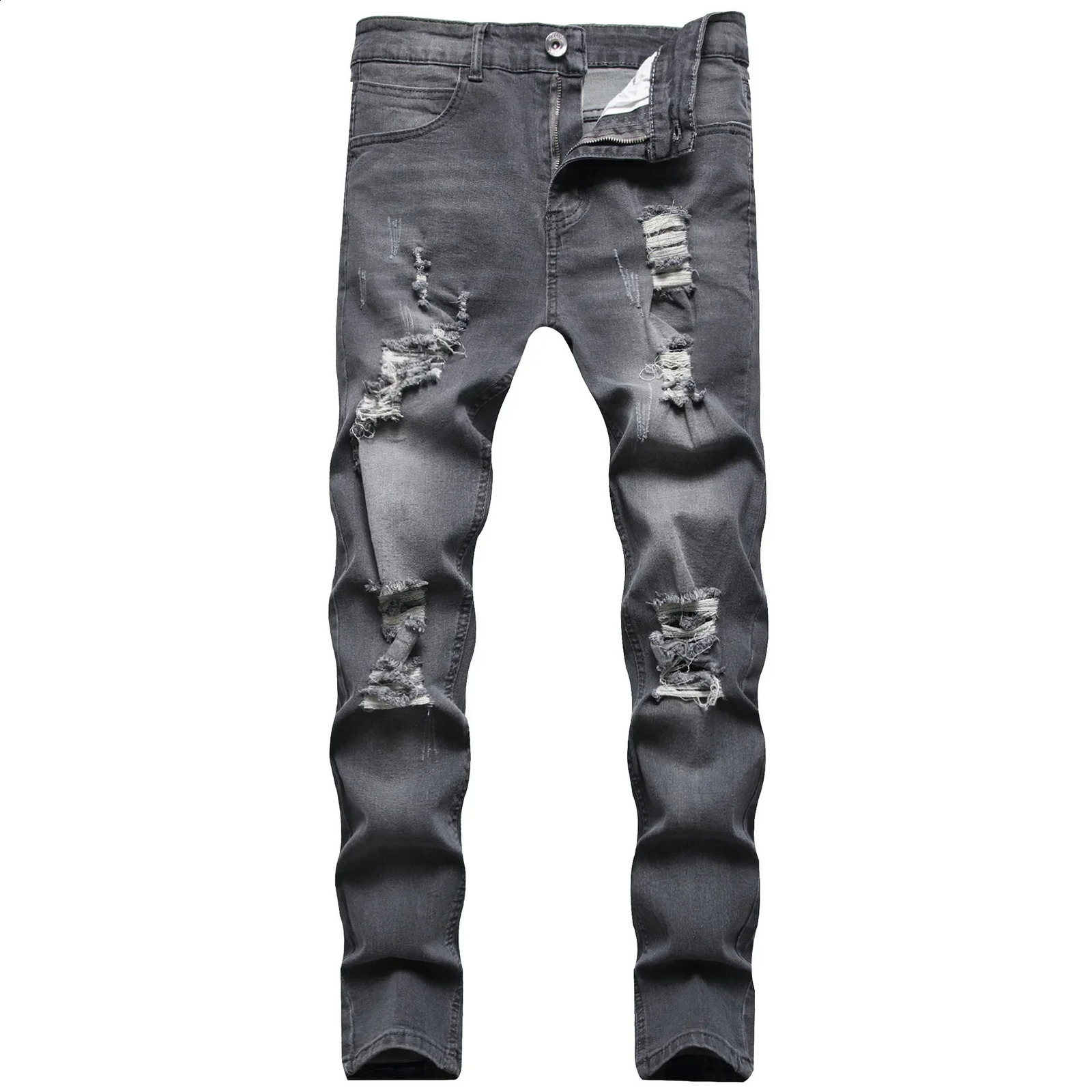 Jeans Men Hole Distressed Pencil Pants Slim Fit Vintage Zipper Fly Pockets Solid Colour Washed Denims Ankle Length Trousers 2025 250921
