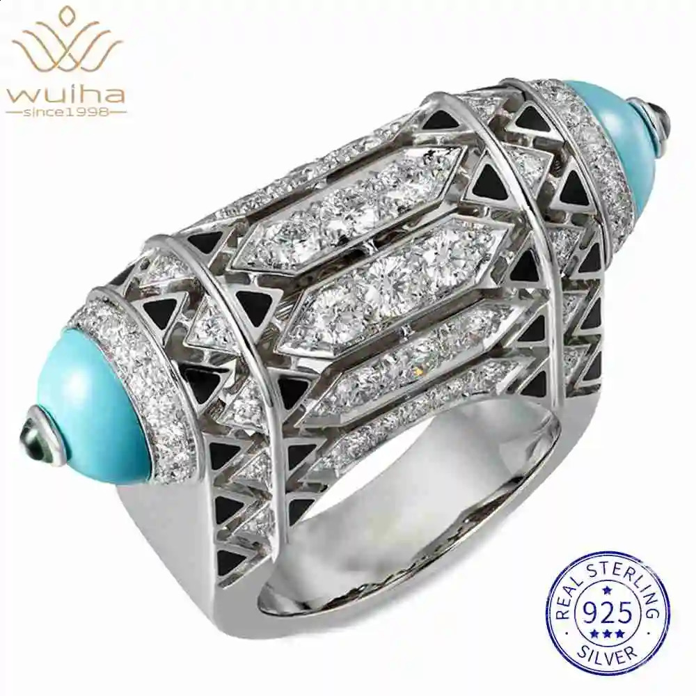 WUIHA 925 Sterling Silver Sapphire Blue Turquoise High Carbon Diamonds Wedding Engagement Cocktail Rings Fine Jewelry Wholesale 250920