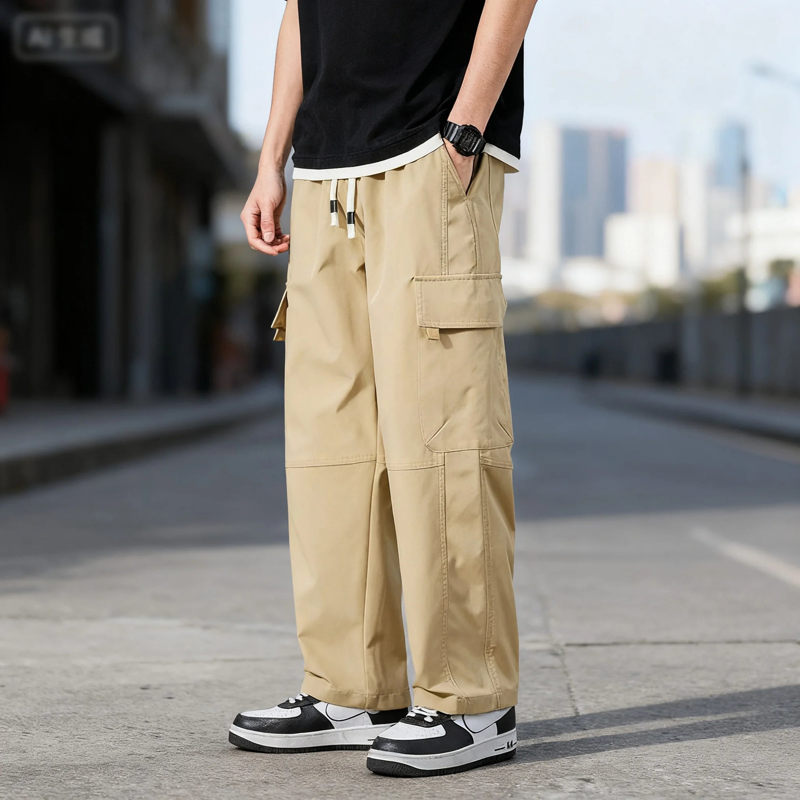 Spring Autumn Korean Solid Color Multi Pocket Work Clothes Casual Pants Fashionable Couple Loose Functional 250919