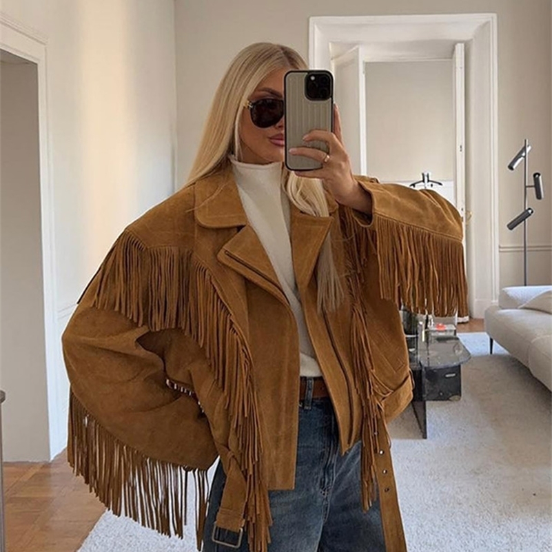 Autumn Tassel Suede Motorcycle Jacket Womens Chic Solid Lapel Long Sleeve Short Coat Fashion Female Street Zipper Outerwear250920