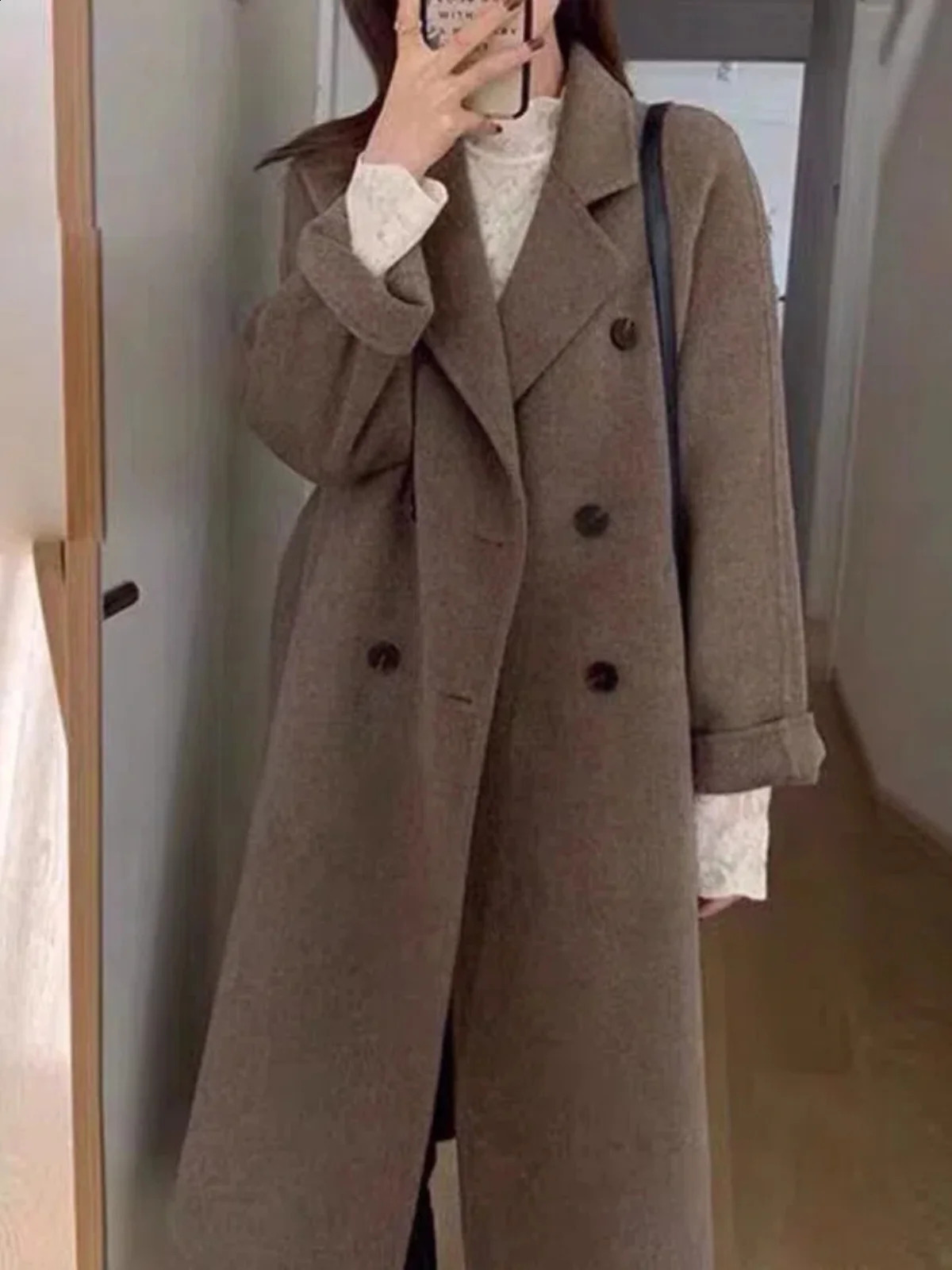 Classic DoubleBreasted Woolen Coat MediumLength Womens Sle Autumn Winter Arrival Korean Version Straight Cut Suit 250919