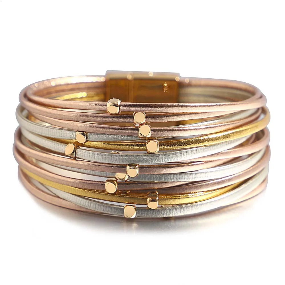 ALLYES Charm Triple Color Leather Bracelet for Women Bohemian Metal Beads Multilayer Thin Strip Wrap Bracelets Fashion Jewelry 250919