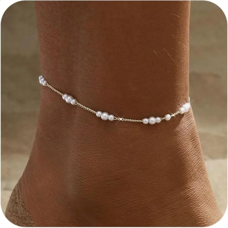 GoldSilver Ankle Bracelets for Women14K Gold Plated Tiny Pearl Beads Ayered Anklet Summer Foot Jewelry 250919