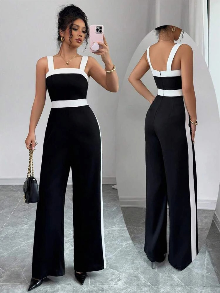 Womens Black White Jumpsuit Square Neck Contrast Trim Ideal for Evening Events Parties Elegant Styles 250921