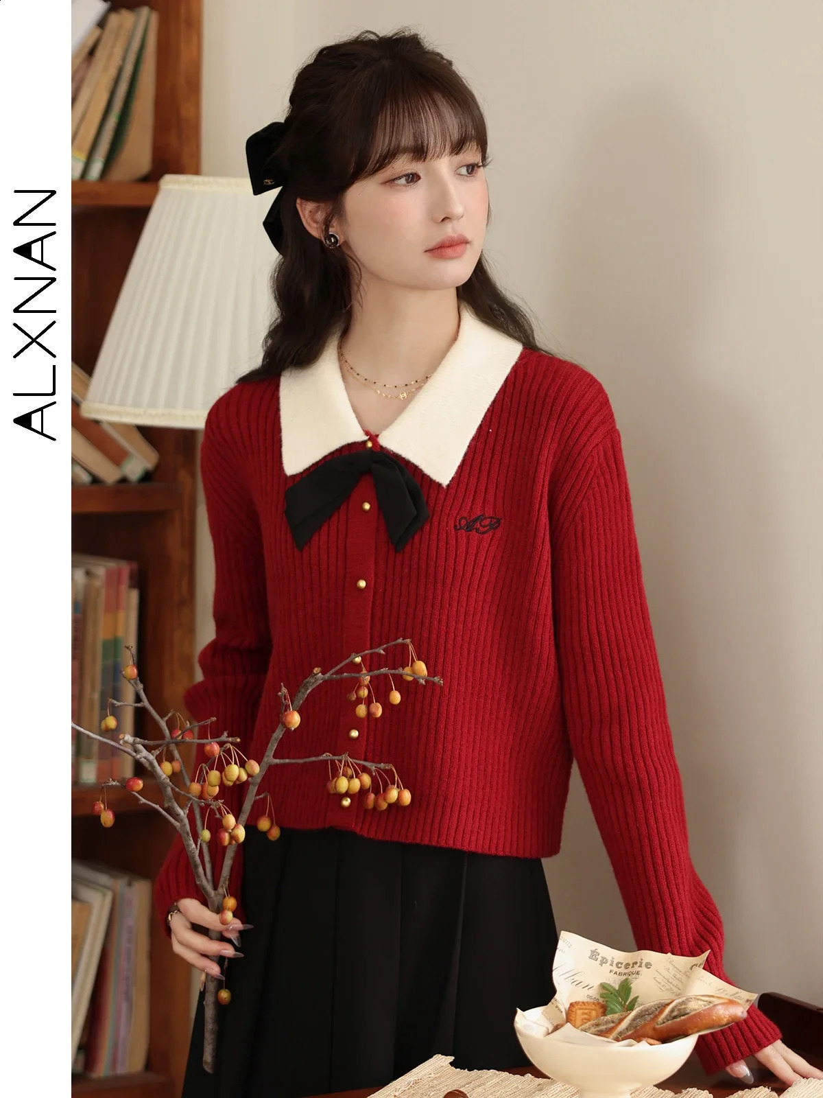 ALXNAN Womens Knitted Pullovers 2025 Autumn Polo Collar Bow Letter Embroidery Sweaters Elegant Long Sleeve Knit Tops LXN31750 250919