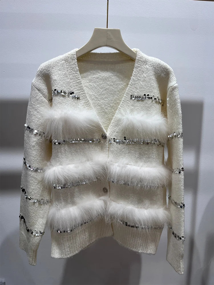 2025 Women Spring Autumn Ladys Fashion Natural Real Fox Fur Knitted Cardigan Oversize Coat Fox Fur Decoration Sweater 250919