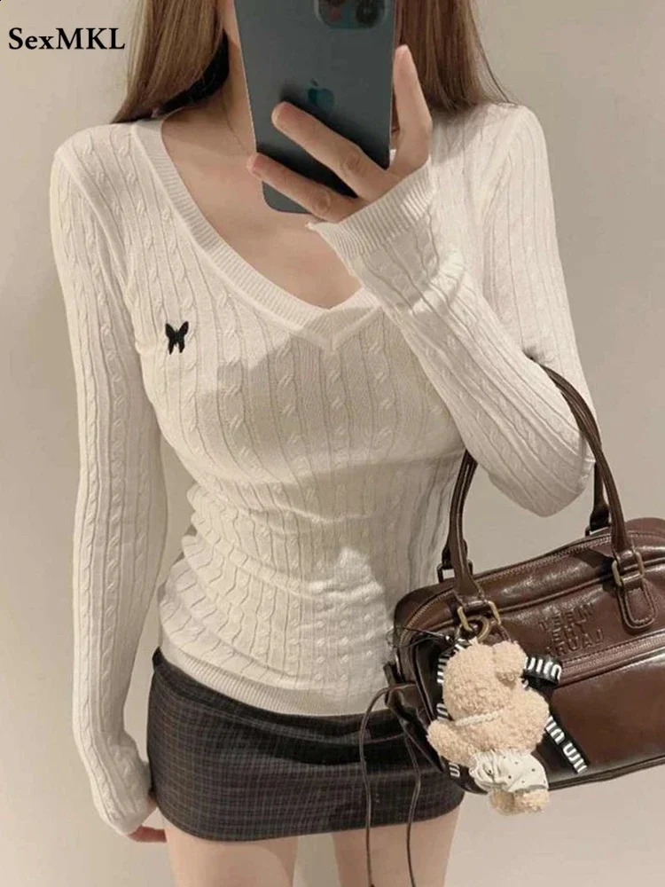 Casual V Neck White Pullover Sweaters Autumn Winter Basic Long Sleeve Y2k Clothes Korean Pink Grey Ladies Tops Jumpers 250920