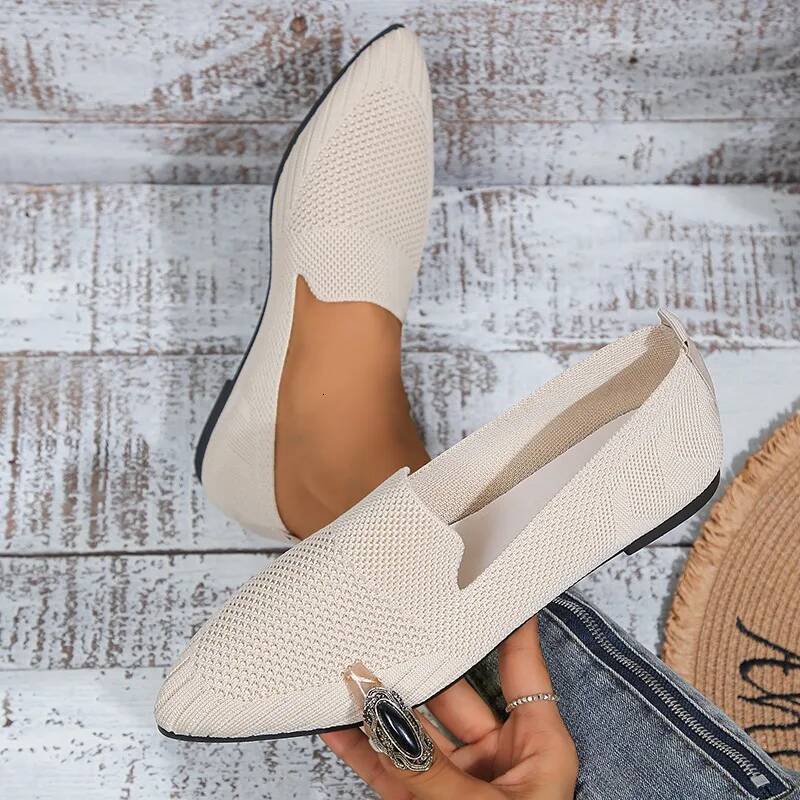 Elegant Office Women Loafers Ladies Hollow Knitting Breathable Solid Color Pointed Toe Mesh Shallow Mouth Flat Casual Shoes ddmypanda
