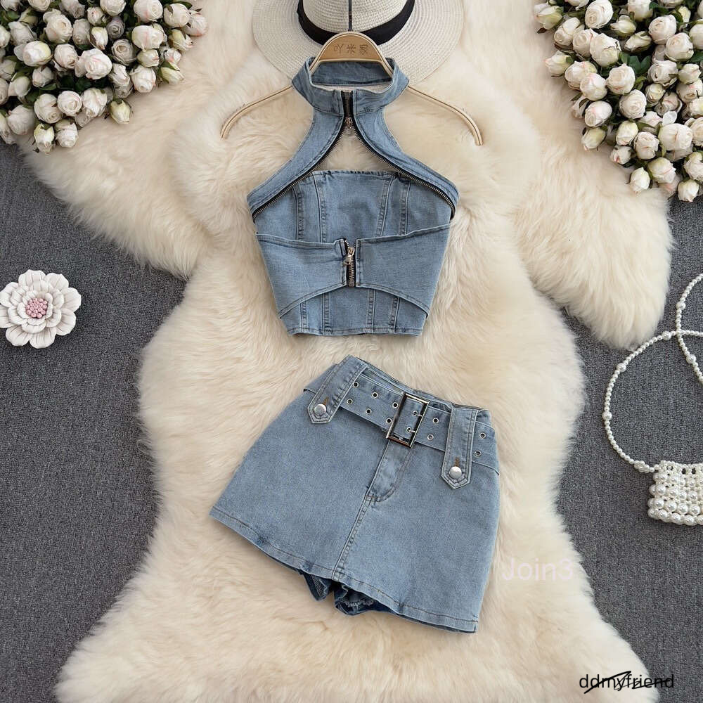 Fried Street Spicy Girl Cowboy Womens Summer New Hanging Neck Short Top Half Skirt Two Piece Set ddmyfriend ddmyfriend