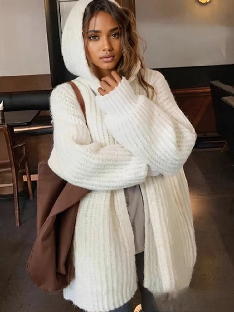 2025 Fashion Hooded Lantern Sleeves Solid Knitted Tops Winter Warm Loose Long Sleeve Cardigan Autumn Elegant Womens Knitwear 250920
