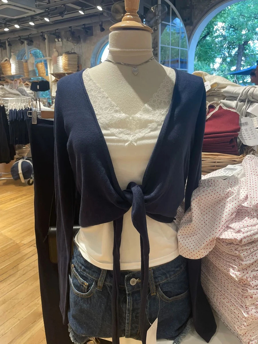 Navy laceup tricot à manches longues Tshirt Cardigan automne vneck coton smock décontracté