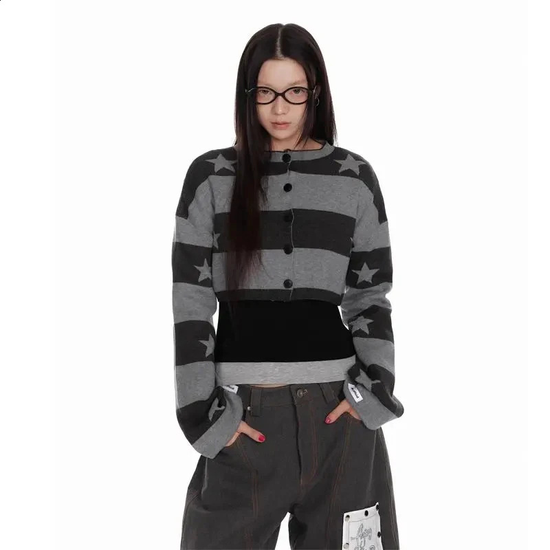 Women Striped Grey Star Knit Cardigan O Neck Harajuku Y2K Long Sleeve Cropped Sweater Street Loose Lazy Printed Fall Top 250920
