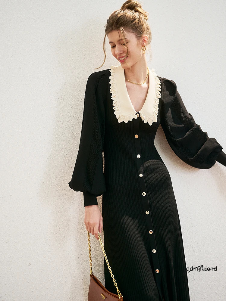 Vintage Knitted Long Sleeve From Korea Elegant Autumn/Winter Sweet Peter Pan Collar A-Line Womens Button Black Midi Dress Fashionable 241125 ddmy