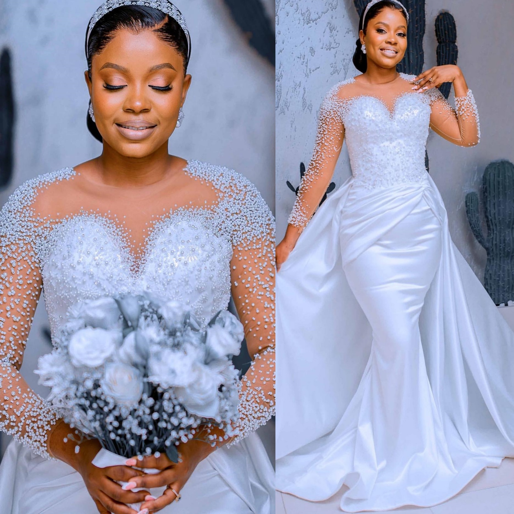 2025 ASO EBI Plus taille sirène blanche Robe de mariée perle perles cord de cou transparente