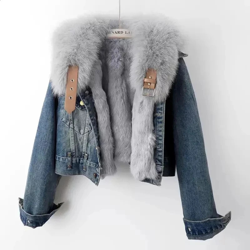 2025 Autumn Winter Detachable Faux Fox fur Rabbit fur inner lining Denim Jacket Womens Short Top Female Warm Parker Outwear 250920