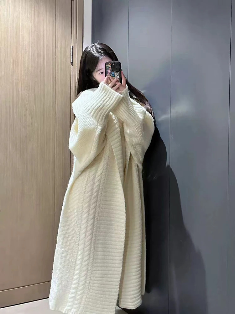 Cardigan midi de revers vintage pour femmes automne hiver lâche en V doux en tricot tricots longs coréens solides tout match dames veste 250920