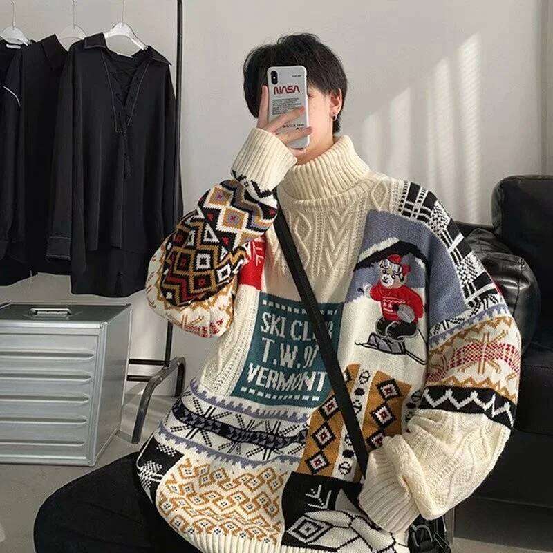 Christmas 2023 Winter Men Turtleneck Christmas Ski Bear Knitted Casual Sweaters Male Knitwear Hip Hop Pullovers