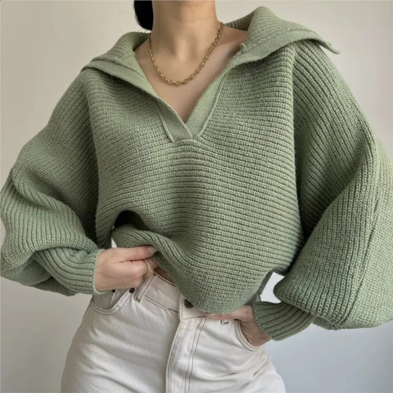 Autumn Winter Solid Color Knitted Shirt Sweater Leisure Long Sleeves Lapel Loose Pullovers Winter Clothes Woman Tops 250920