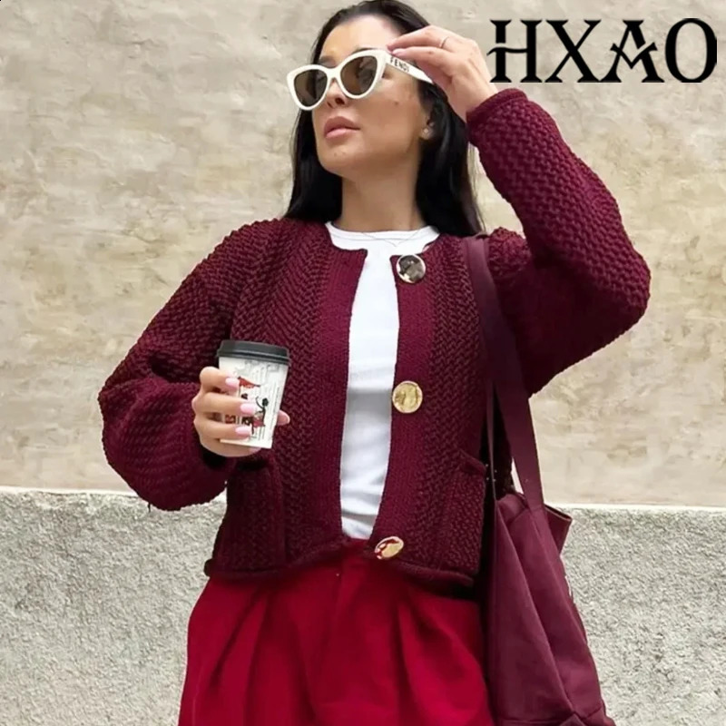 HXAO Knitted Sweater Cardigan For Women Autumn Long Sleeve Cropped Cardigans Ladies Outerwears Winter Button Knit Sweater250920
