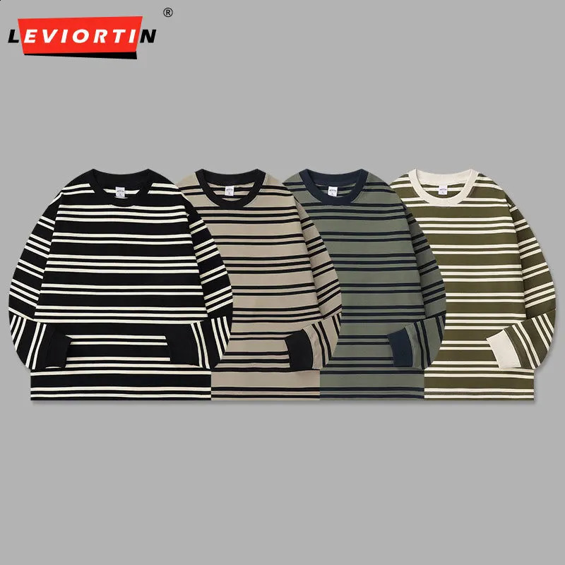 Japanese Style Washed Cotton College Round Neck Loose ColorBlock Striped Ribbed Cuff Unisex Long Sleeve TShirt for Men 250920