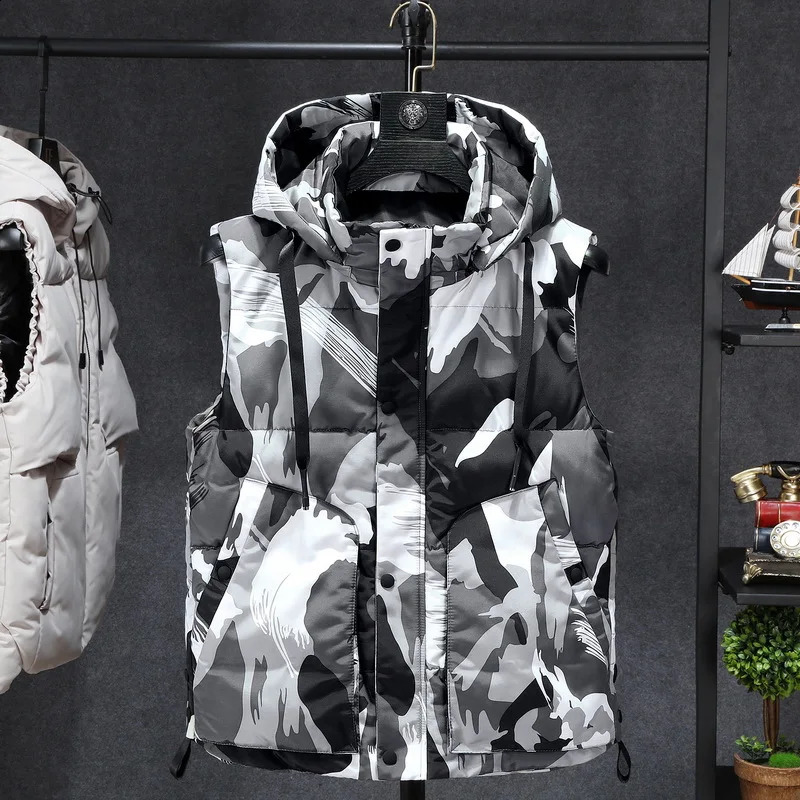 Automne Hiver Fashion Mens imprimé sans manches décontractée Casual Trendy Simple Hooded Down Cotton Vestts Mas Male Claces Mounds Tops 250920