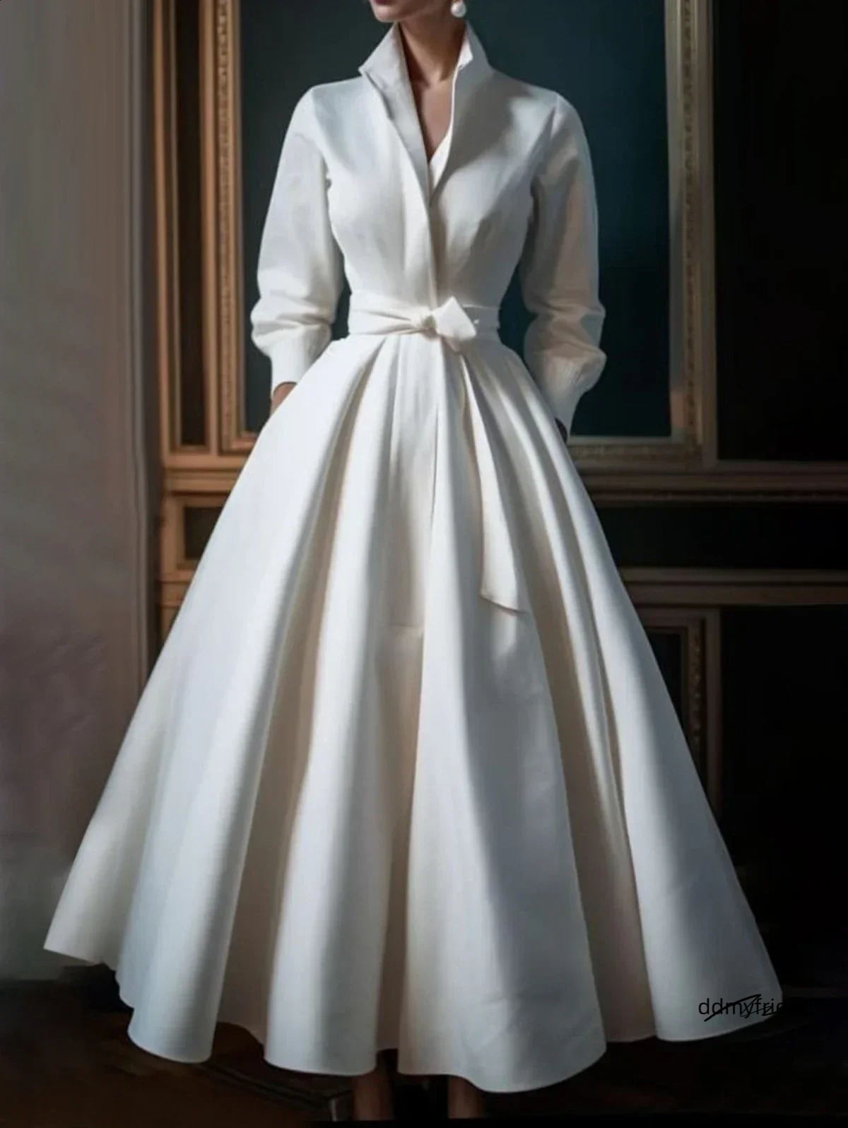 Femme élégante chemise à manches longues Collier Up Up White Minimaliste minimaliste A-line Robe invitée de mariage plissé Blet 240906 Ddmyfriend