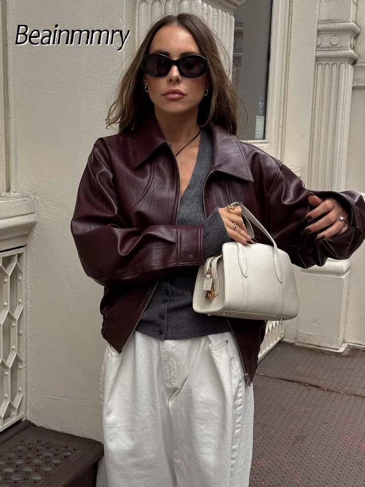 Womens Red Pu Leather Burgundy Solid Lapel Cropped Jacket Female Pockets Long Sleeves Short Coat Lady Autumn Streetwear 250920BJ