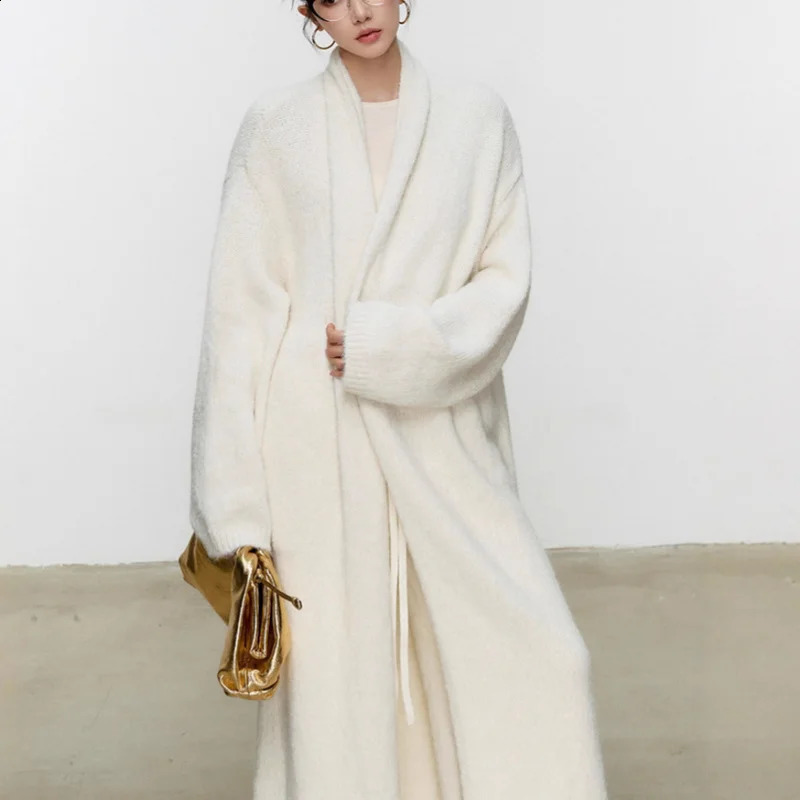 White Long Sweater Coat for Women Autumn and Winter Style HighEnd Soft Loose Lazy Style Knitted Cardigan Coat 250920