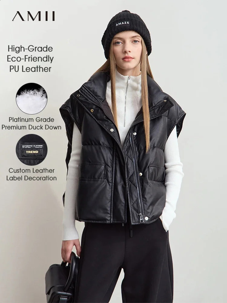 Amii Winter Women Clothing Standup Collar Environmentally Friendly PU Leather Vest Down Jacket Sleeveless Coats 12444140 250911