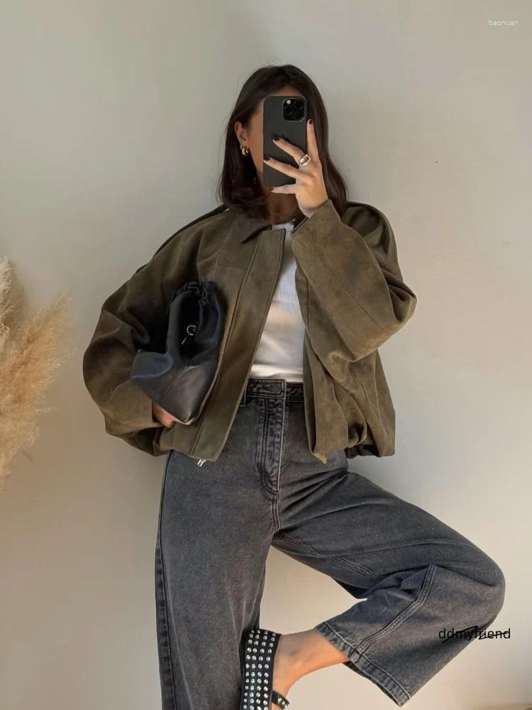 Women's Jackets Brown Green Suede Jacket Women Lapel Zipper Long Sleeve Pockets Bomber Coat 2025 Spring Autumn Lady Loose Motorcycle ddmyfriend