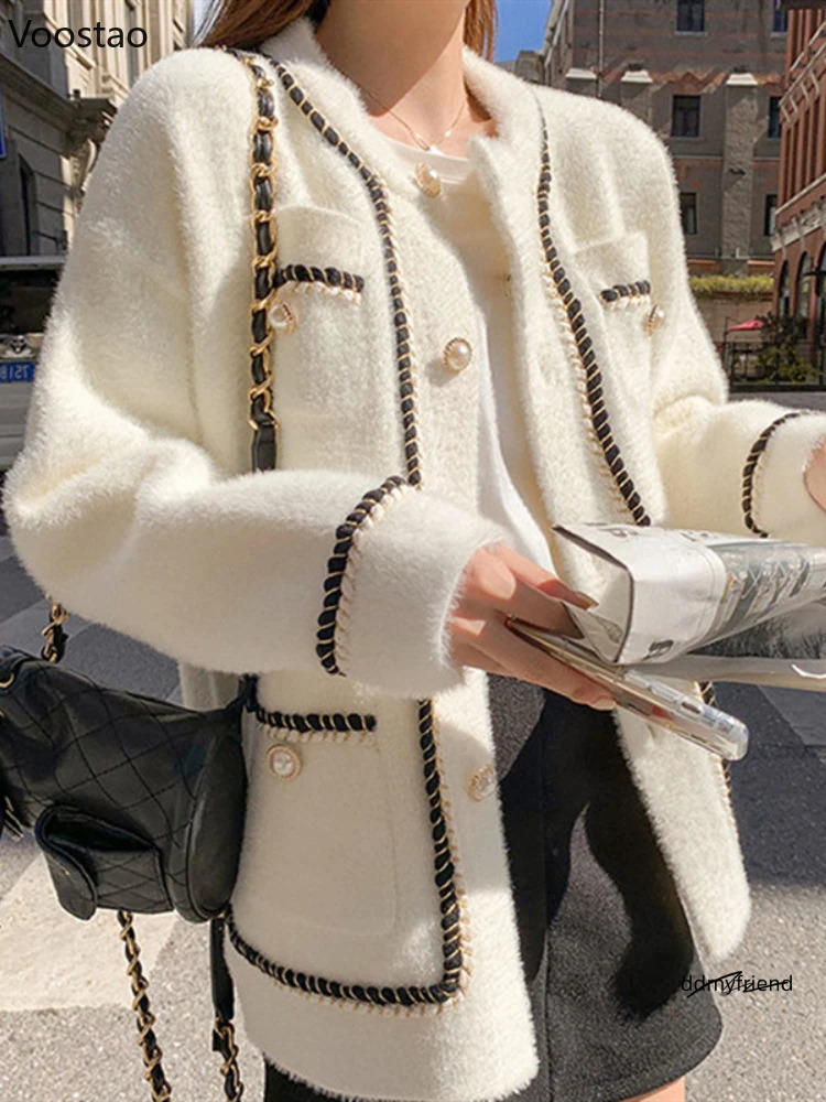 White Mink Cashmere Sweater Coat Women Autumn Winter Lazy Style Korean Retro Black Loose Oneck Knitted Cardigan Fashion Outwear 241108 ddmyfriend dd