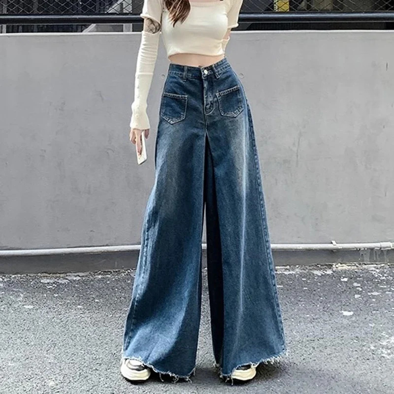 Woman High Waist Vintage Wide Leg Jeans Female Gothic Loose Straight Leg Pants Blue Light Blue Denim Trousers 250920