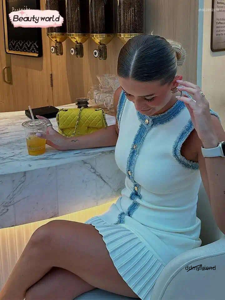 Robes décontractées Femmes Élégant Patchwork Patchwork Knitted Mini Robe Dame Round Neck Sans manches Single Breasted Fashion Vestido Ddmyfriend
