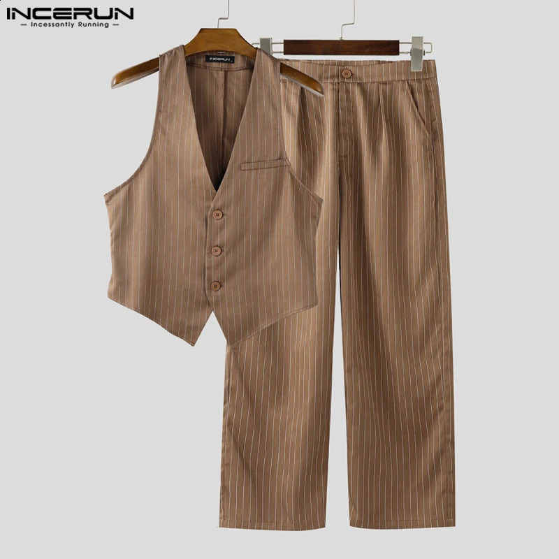 INCERUN Men Striped Sets V Neck Sleeveless Vests Pants Two Pieces Sets 2025 Elegant Streetwear Fashion Men Casual Suits S5XL 250916