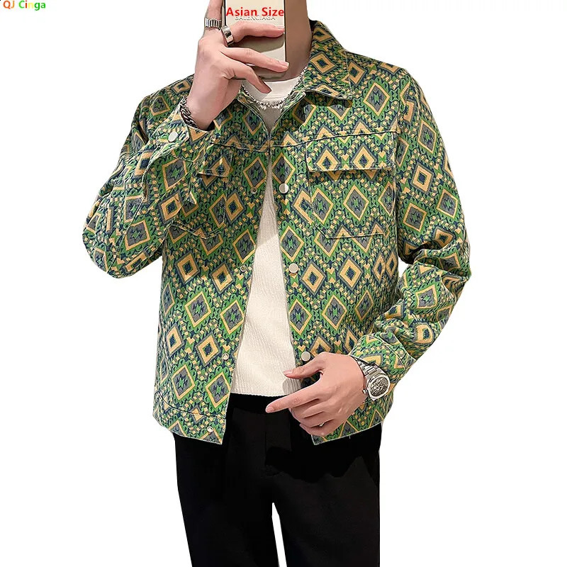 Green Men Diamond Plaid Printed Jacket Fashion Casual Coats Blue Black Denim Jackets 250920