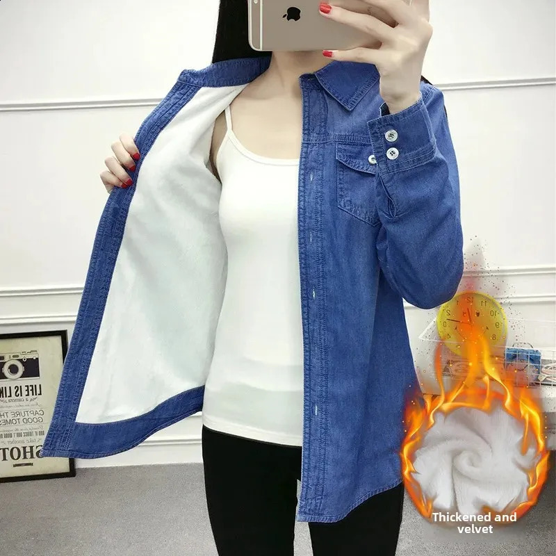 Thickened Fleece Lined Long Sleeve Denim Shirt Warm Base Layer Outerwear for Autumn Winter Large Size Womens Fashion Coat 250920