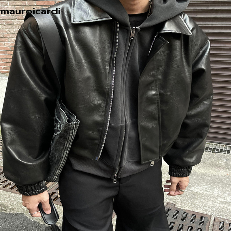 Mauroicardi Spring Autumn Cool Oversized Short Black Soft Pu Leather Jacket Men Zipper American Vintage Clothes 250920