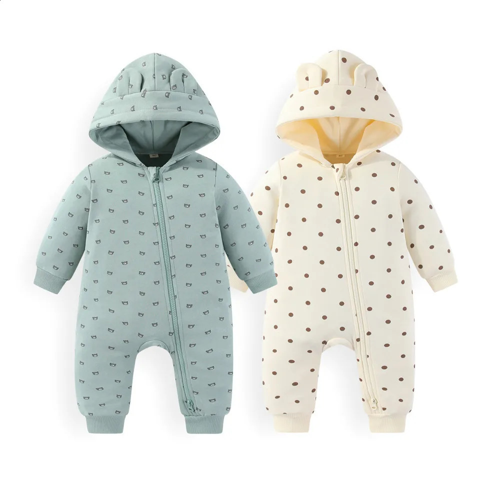 2 Pcs Cotton Hooded Rompers born Baby Boy Clothes 2way Zipper Solid Color Baby Girl Clothes 024M Cartoon Print Long Sleeves 250920