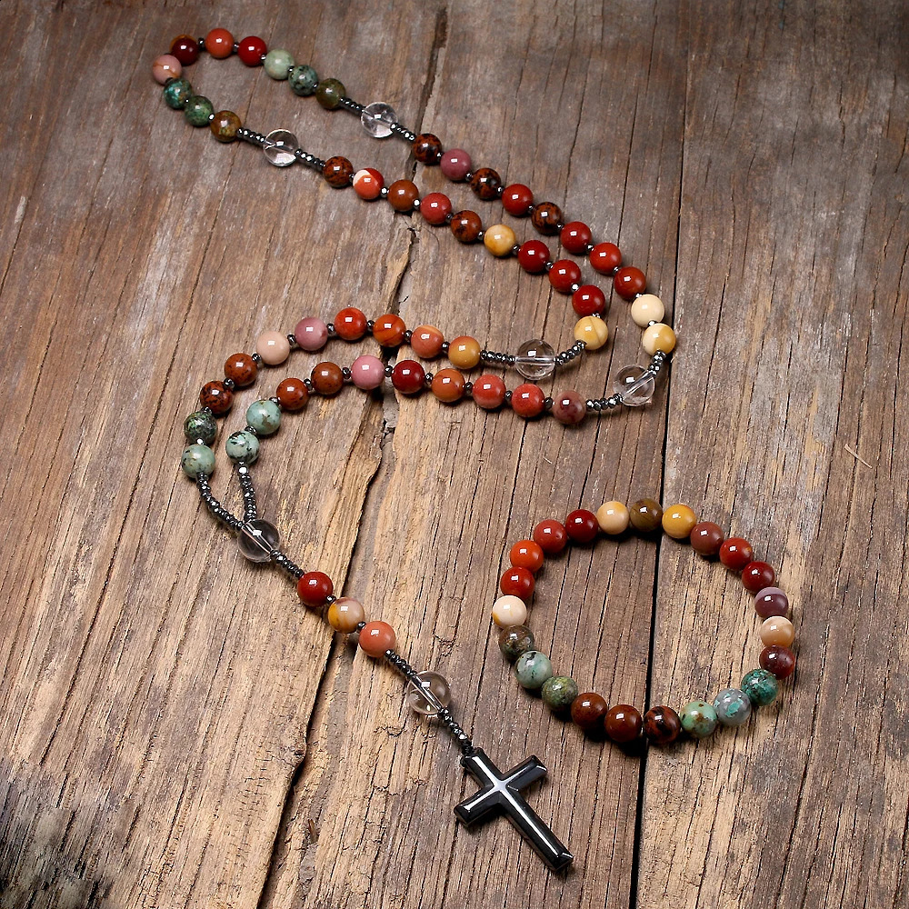 Crystals de quartz en pierre naturelle personnalisée perles Catholic Christ Rosary Colliers Bracelet Set Hematite Cross Pendant 250920