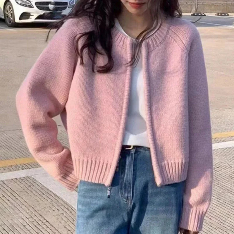 Automne Winter Short Tricoting Cardigan Femmes Couleur solide Veste de pull à cou à manches longues 2025 Cascules Coats de fermeture à glissière