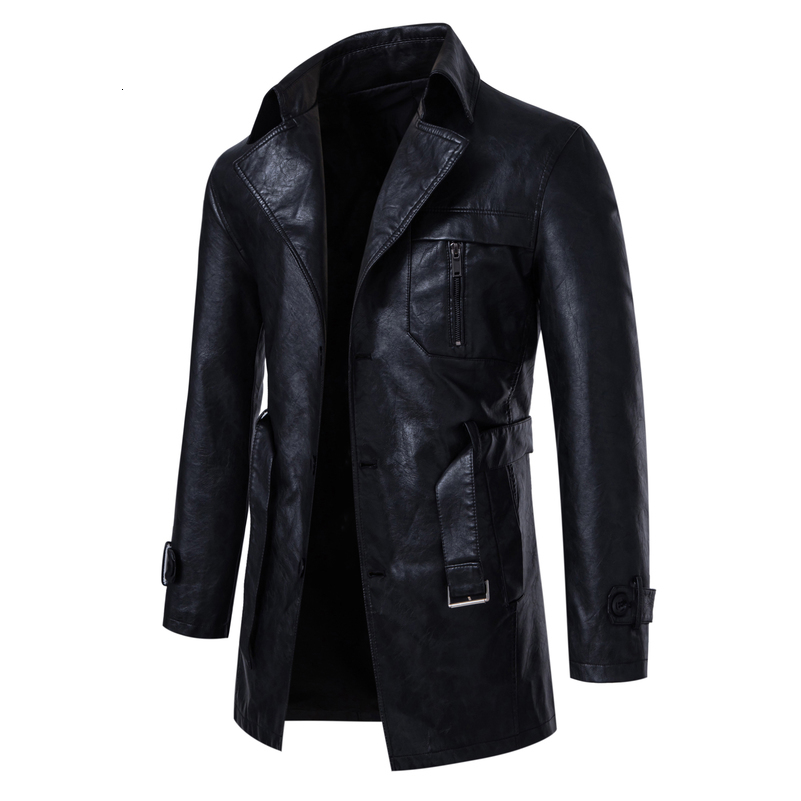 Mens midlength PU leather jacket with a detachable beltlapel trench coat for business casualurban commuting 250920