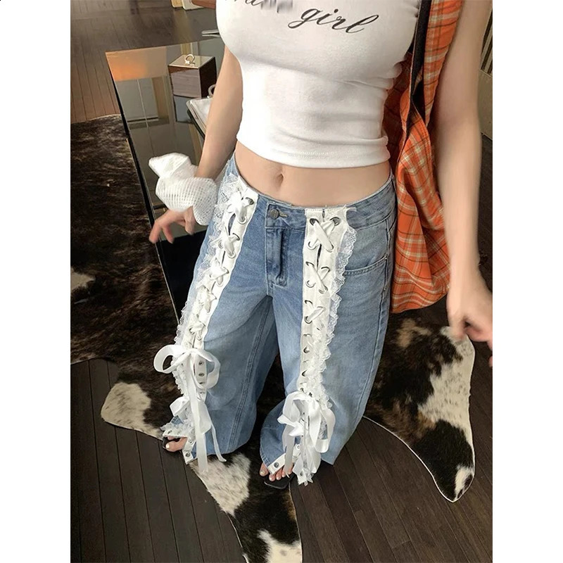 Jeans gamba larga mexzt y2k fila larga da donna in pizzo patchwork pantaloni in denim harajuku coreano pantaloni dritti dritti 250920