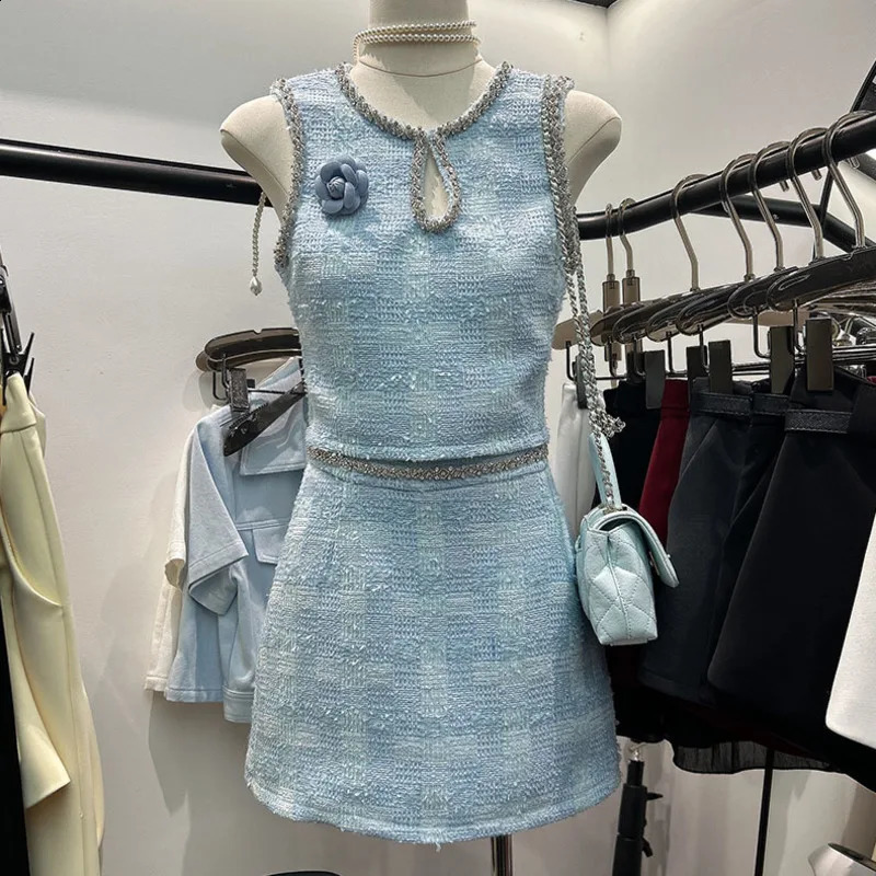 High Quality French Small Fragrant Tweed 2 Piece Sets Woman Outfit Sweet Chic 3D Floral Crop Top High Waist Skirt Suits 250920
