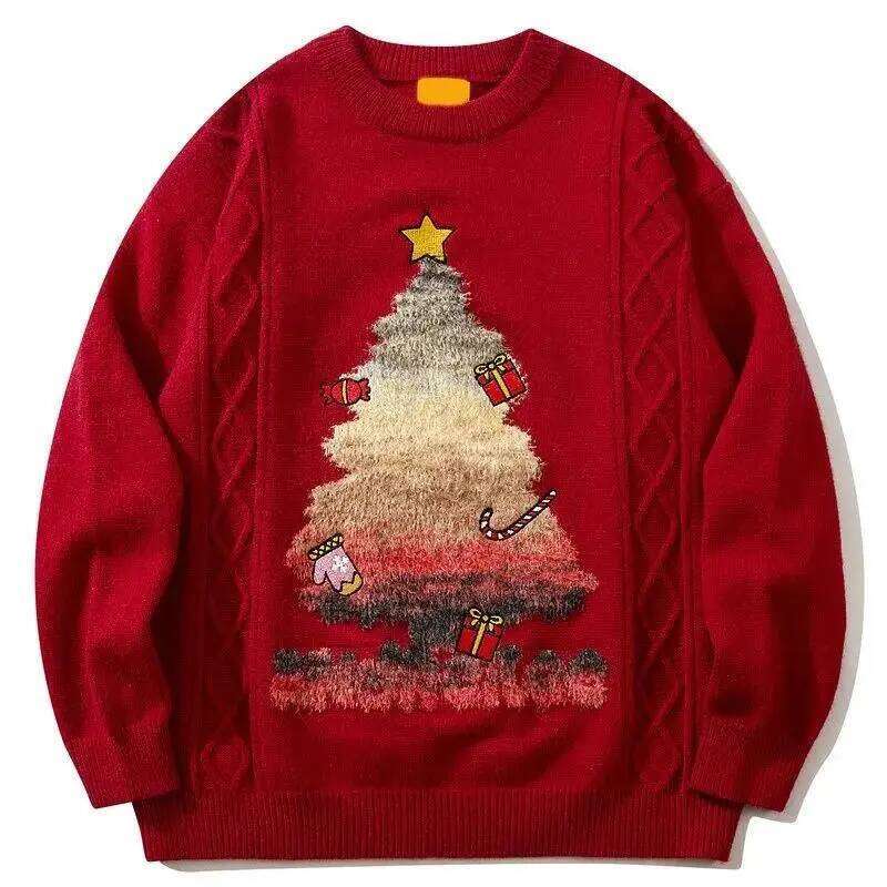 Christmas American Couple Christmas Vintage Embroidered Mens Crew Neck Loose Autumn And Winter New Year Red Sweater