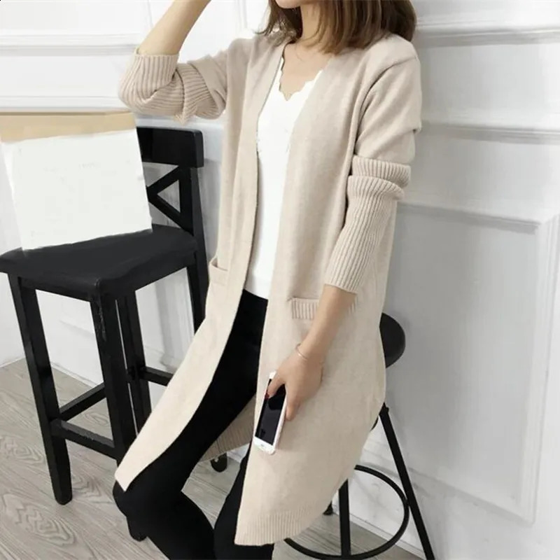 Automne Winter Tricoted Pull Femmes Long Cardigan Korean Falle Femelle Cardigans Femmes longues Femmes Veste en manteau Dames Extérieur Extérieur