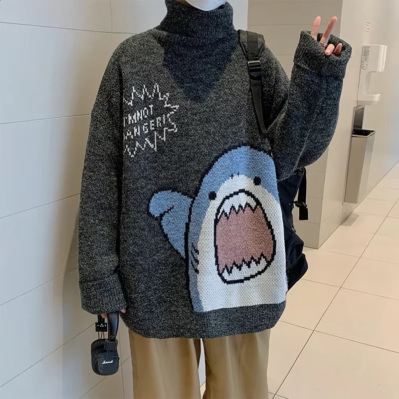 Black Shark Turtlenecks Sweater Men Knit Pullovers Y2k Winter Harajuku Korean Style Womens Oversized High Neck Sweater 250920